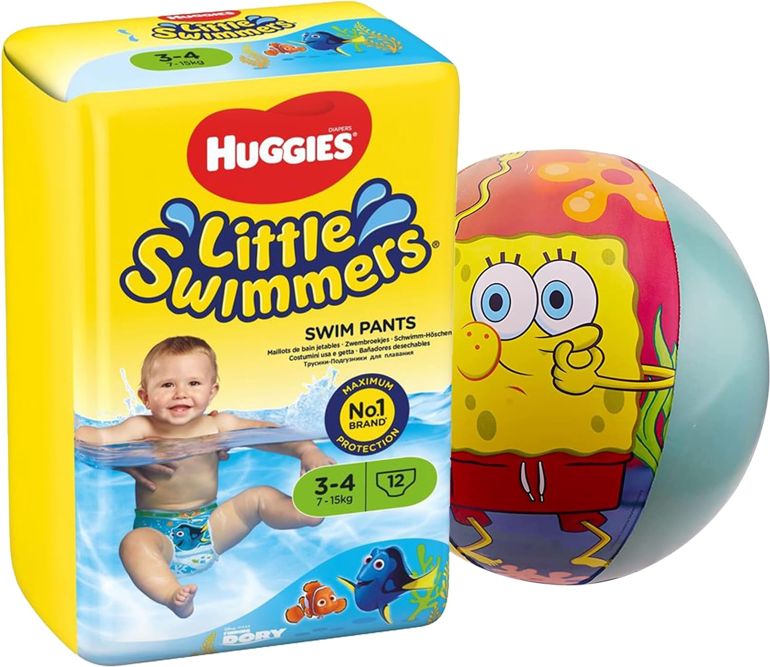 251030081606654_1 Little Swimmers Disposable Swim Diapers, Size Small 3-4 (15lb-33lb.) Absorbent and Adjustable Swim Nappies for Baby, Toddler, Girls, Boys, 12 Swimming Pants Plus Bonus Spongebob Swim Ring - Image 1